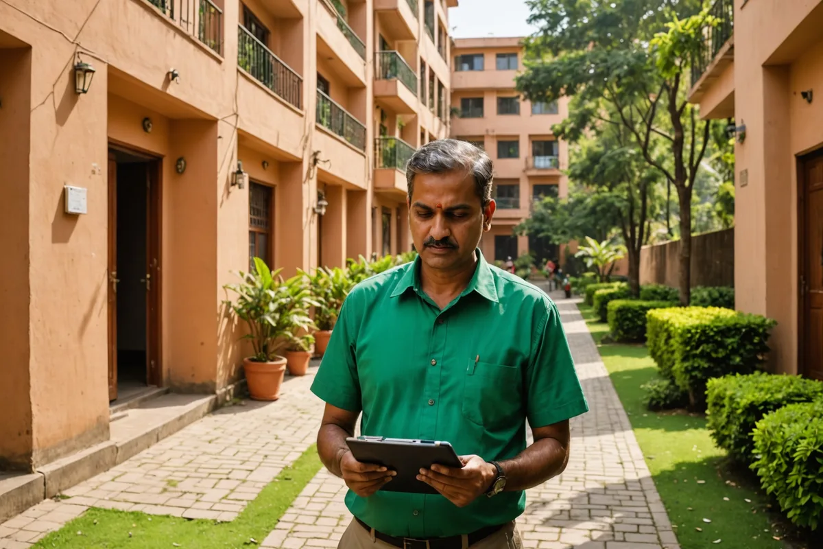 Property manager reviewing the Superlivyn dashboard on a tablet, showing the morning queue